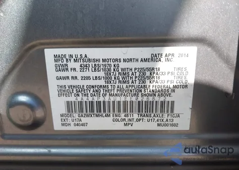 2014 Mitsubishi Outlander Sport Es z USA, uszkodzony, nr VIN 4A4AP3AU1EE026872